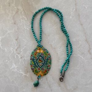 Hand painted mother of pearl and Turquoise Beaded Pendant Necklace